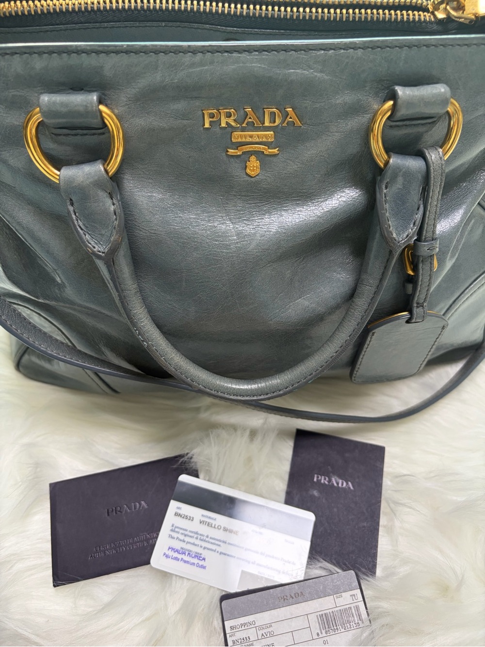 Prada Metallic Gray Leather Shoulder Bag with Gold Hardware - Picture 9 of 17